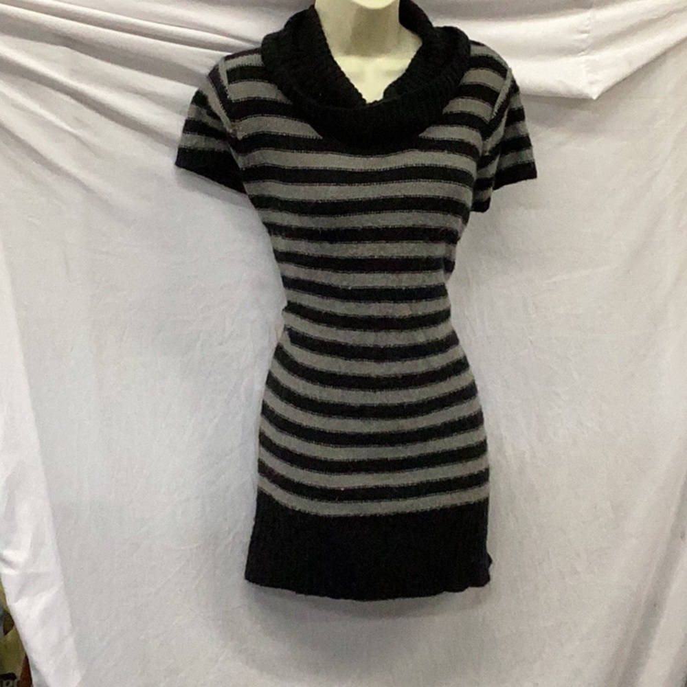 Notations Black And Grey Striped Turtleneck Sweater Dress.